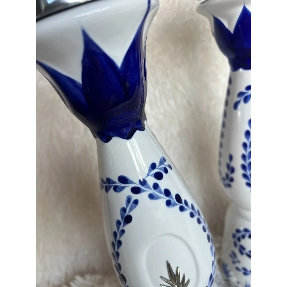 Clase Azul Empty Tequila‎ Bottles Set Hand Painted Ceramic Blue White Decor Bar
